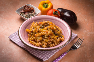 pasta with eggplant capers anchovies and capsicum