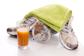sportliche Fitness, Hantel- grünes Handtuch- 