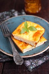 egg omelet on a vintage blue dish