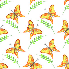 Seamless vector pattern with insects, colorful background with violet butterflies and branches with leaves om the white backdrop