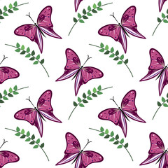 Seamless vector pattern with insects, colorful background with violet butterflies and branches with leaves om the white backdrop