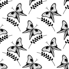 Seamless vector pattern with insects, black and white background with butterflies and branches with leaves.