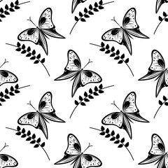 Seamless vector pattern with insects, black and white background with butterflies and branches with leaves.