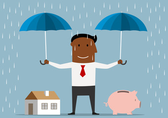 Businessman protecting house and piggy bank