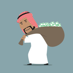 Arabian businessman carrying full money bag