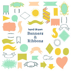 Set of hand drawn frames, banners and ribbon banners