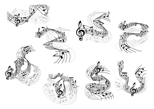 Musical notes and treble clefs on wavy staves