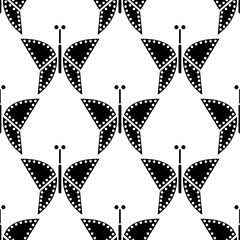 Seamless vector pattern with insects, symmetrical black and white background with butterflies.