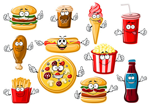 Cartoon fast food, desserts and drinks