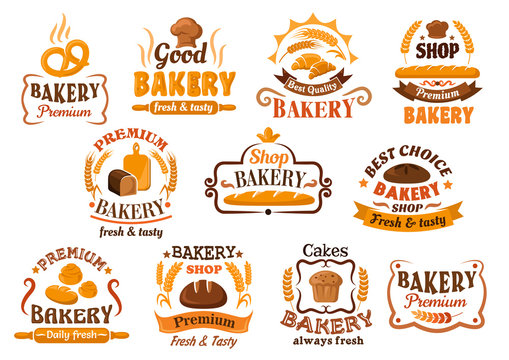 Bread, pastry and bakery shop icons or symbols