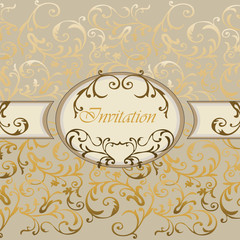 Damask Invitation card with golden classic royal ornaments. Vector