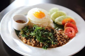 Rice with stir fried pork and basil