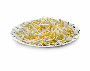 bowl of grated cheese on white background