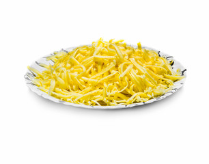bowl of grated cheese on white background