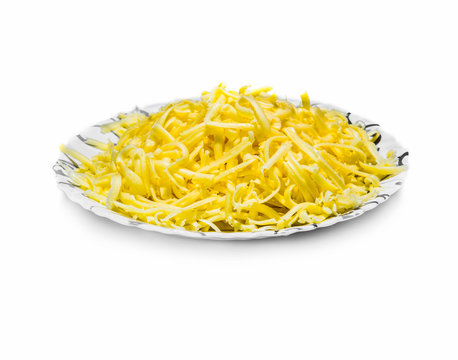 Bowl Of Grated Cheese On White Background