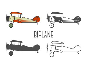 Set of vintage aircraft design elements. Retro Biplanes in color, line, silhouette, monochrome designs. Aviation symbols. Biplane emblem. Old style planes. Isolated on white background © jeksonjs