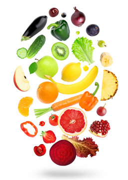 Falling fresh color fruits and vegetables