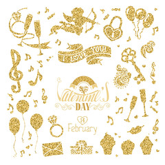 Vector set of gold signs for Valentine's Day design.