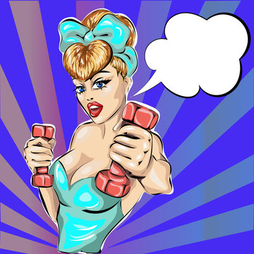 Pop Art, Pin-up fitness girl with dumbells and speech bubble