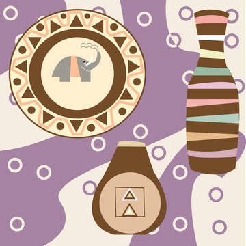 Africa Safari set vector icons. Ritual objects and traditional p