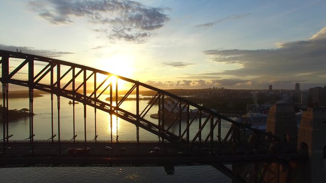 Aerial view of Sydney Harbour Bridge at sunrise, Australia