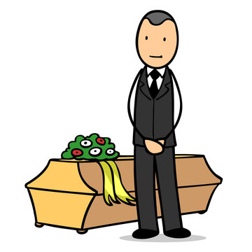 Bestatter neben Sarg bei Beerdigung