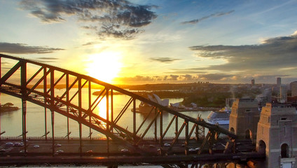 Aerial view of Sydney Harbour Bridge at sunrise, Australia