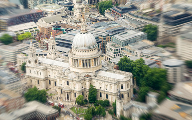 Blurred aerial view of St. Paul Cathedral, London