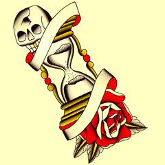 Clessidra con rosa e teschio Illustrazione Tatuaggio in stile old school
