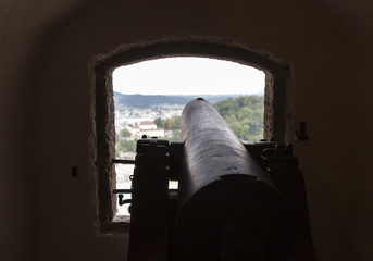 Ancient top gun with view over Salzburg from fortress Hohensalzburg