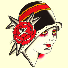 Donna con cappellino e rosa anni 50 Illustrazione Tatuaggio in stile old school