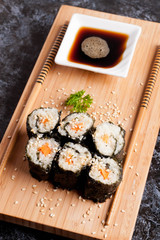 sushi on a wooden desk