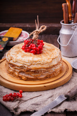 Layered cake made of pancakes.Shrovetide,a traditional Russian holiday.selective focus.