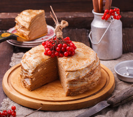 Layered cake made of pancakes.Shrovetide,a traditional Russian holiday.selective focus.