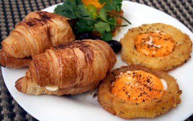 European breakfast –croissants and eggs,