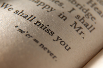 Macro photo of the words in a book. General words are miss you.