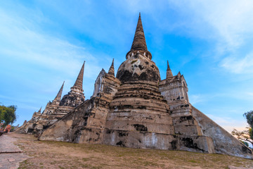 Asian religious architecture. Ancient Buddhist pagoda ruins at Wat Phra Sri Sanphet Temple in Ayutthaya, Thailand 