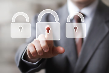 Businessman pushing button lock security web icon