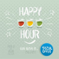 Happy hour. Hand drawn vector cartoony illustration.