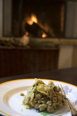 pasta with chickpeas in front the fireside