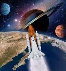 Shuttle rocket ship launch milky way galaxy saturn planet moon space. Elements of this image furnished by NASA.
