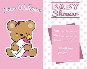 baby boy shower card. bear with baby bottle