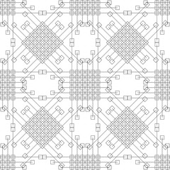 Seamless vector pattern. Symmetrical geometric black and white background with rhombus, squares and lines. Decorative repeating ornament