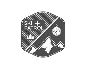 Ski Patrol Label. Vintage Mountain winter sports explorer badge. Outdoor adventure logo design. Travel hand drawn and hipster emblem. First aid icon symbol. Monochrome design. Wilderness Vector
