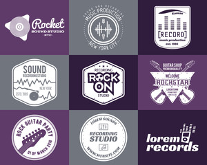 Set of vector music production logo Musical label icons. Music patch and emblem print or logotype Guitars badge for sound recording studio t shirt, sound production Podcast, radio badges. Music icon