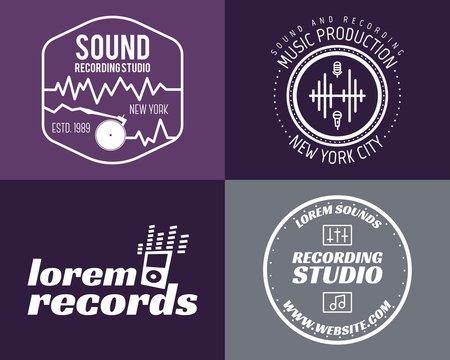 Vector music production studio logos set. Musical label icons. Music insignia and emblems print or logotype. Guitars badge for sound recording studio t-shirt, sound production. Podcast, radio badges