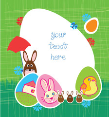 Easter greeting card - cute easter frame with chocolate rabbit with umbrella and painted on eggs farm house and chick on green vintage scratched background. Green lawn with red and blue flowers.