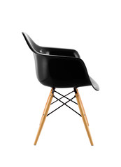 Black Shiny Plastic Chair with Wooden Legs on White Background, Side View