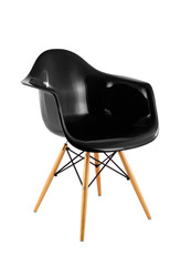 Black Shiny Plastic Chair with Wooden Legs on White Background, Three Quarter View