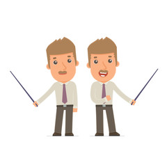 Happy and Intelligent Character Broker making presentation using